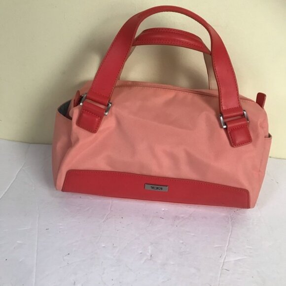 TUMI Nylon Satchel Leather Handles Purse Shoulder Bag Zip Pocket Pink Red Small - Picture 3 of 16